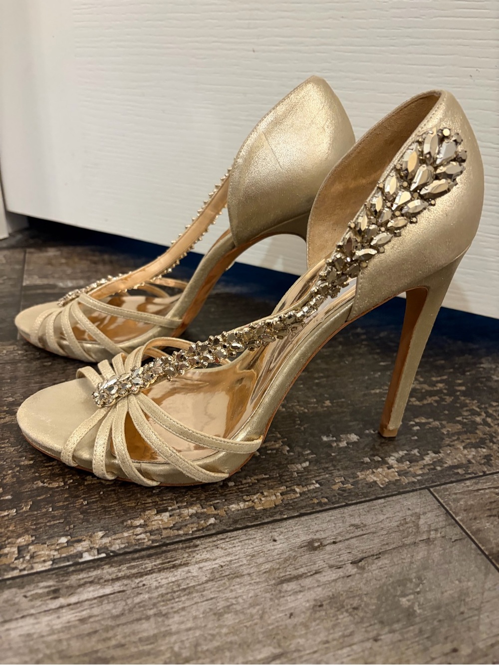 Badgley Mischka Gold Jeweled T-Strap Stiletto Heels. These are gorgeous!